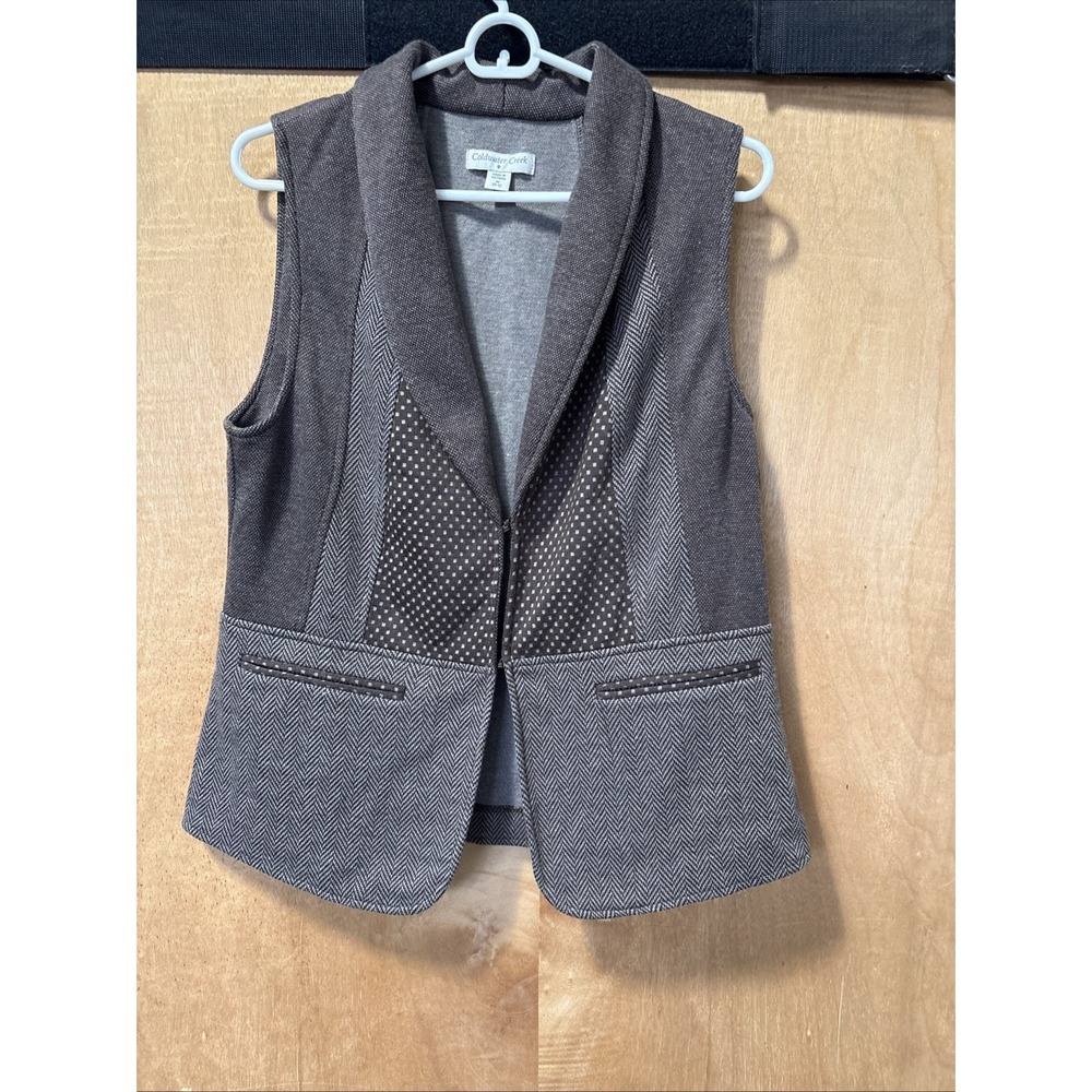 Coldwater Creek Vest Medium Brown Mixed Media Herringbone Dot Print Hook Closure